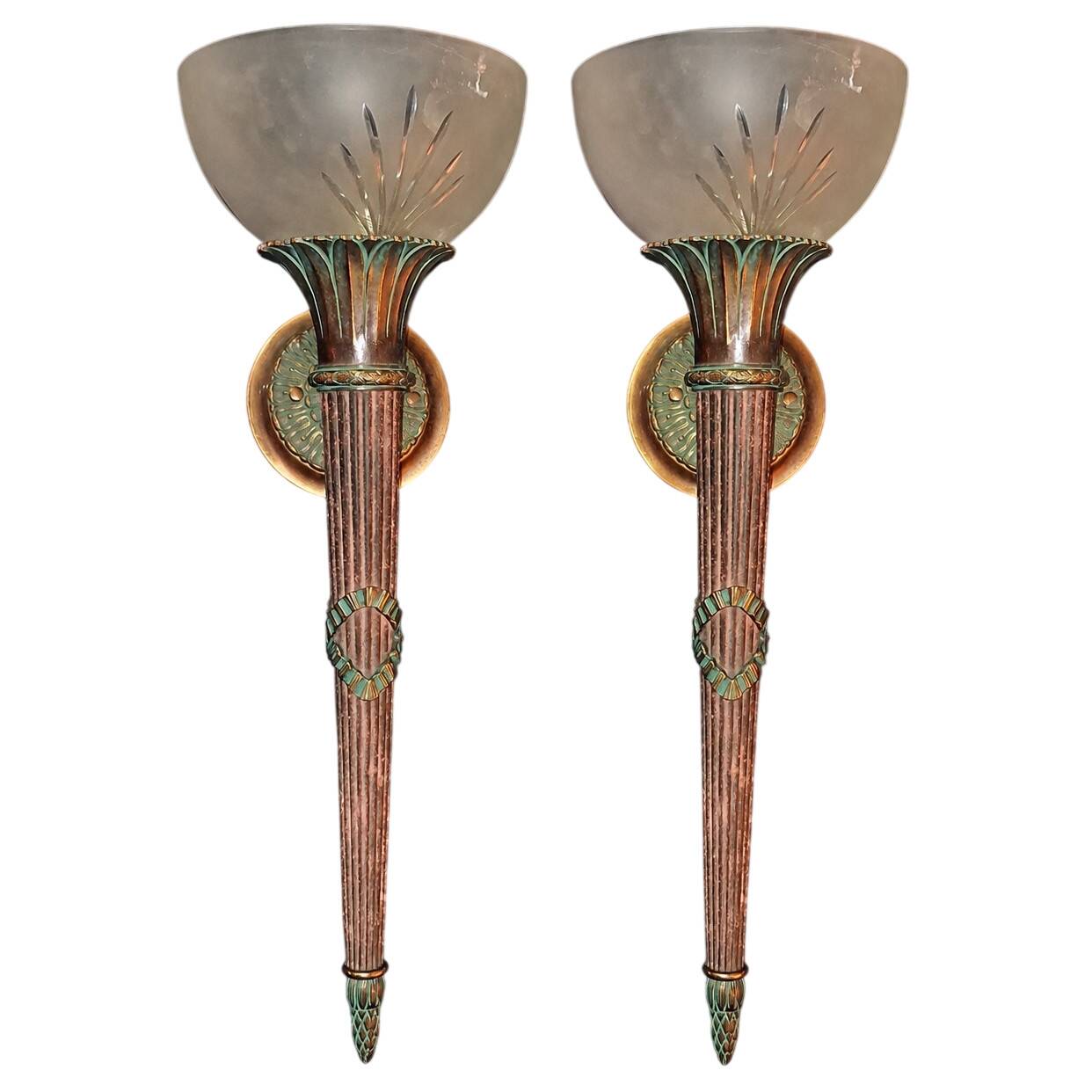 Pair of antique-style wall sconces in patinated bronze and frosted glass – early 20th century