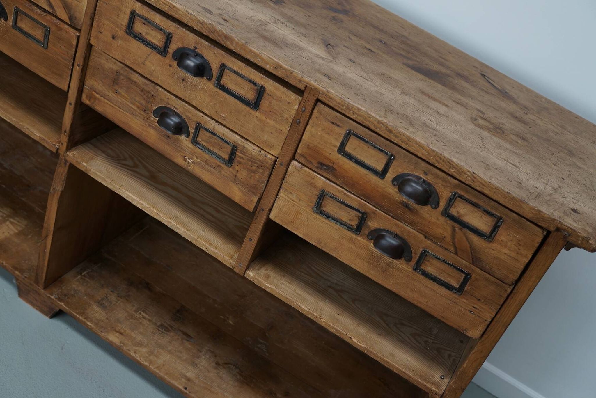 Vintage rustic German pine apothecary cabinet / shop counter, 1930s