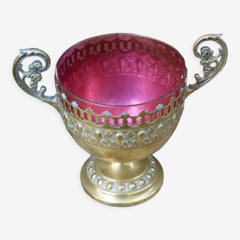 Coupe à confiserie ou sucre en verre Bordeaux et laiton Napoléon III