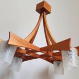 Scandinavian chandelier 4 burners Teak and tulips glass paste 60s Width 70.5 cm