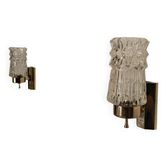 Pair of vintage brass and glass wall lights from the 1960s