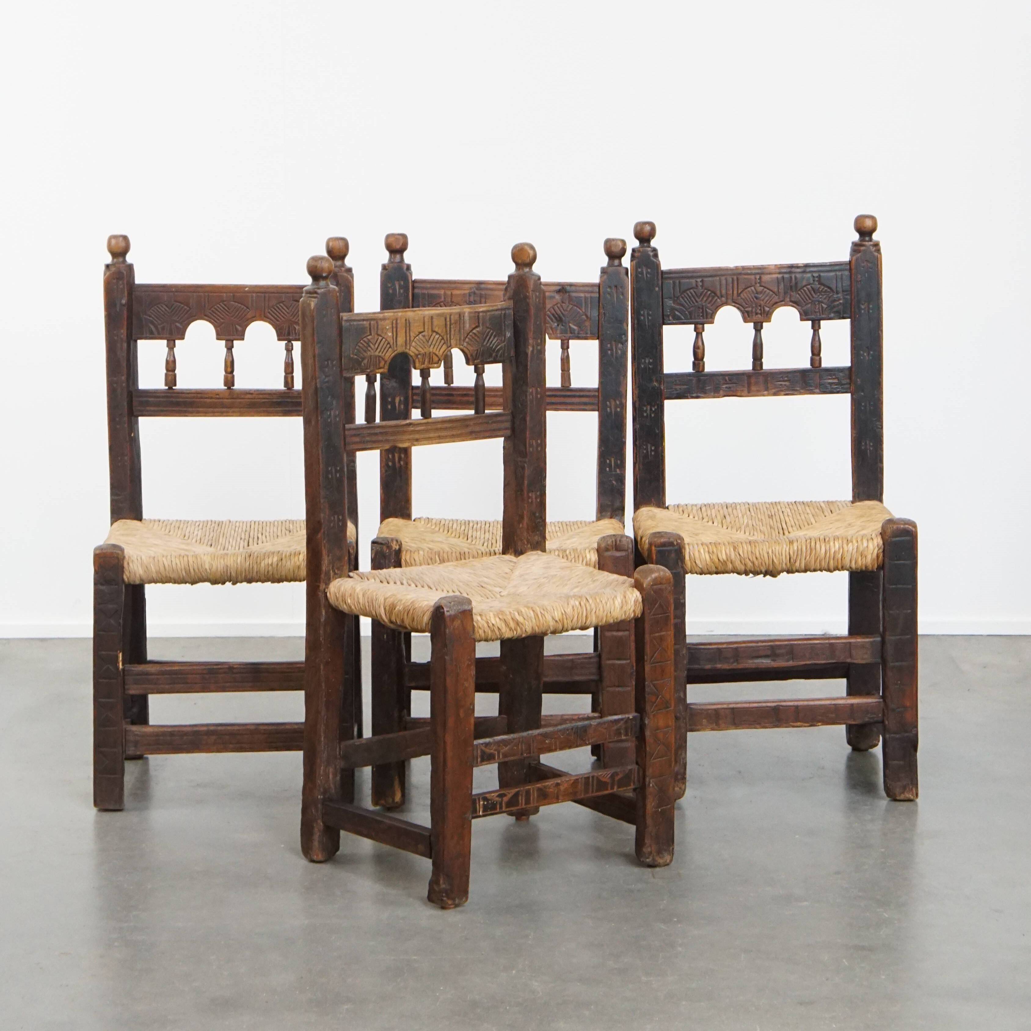 Set of 4 Antique Spanish Country Chairs with Woven Rattan Seats