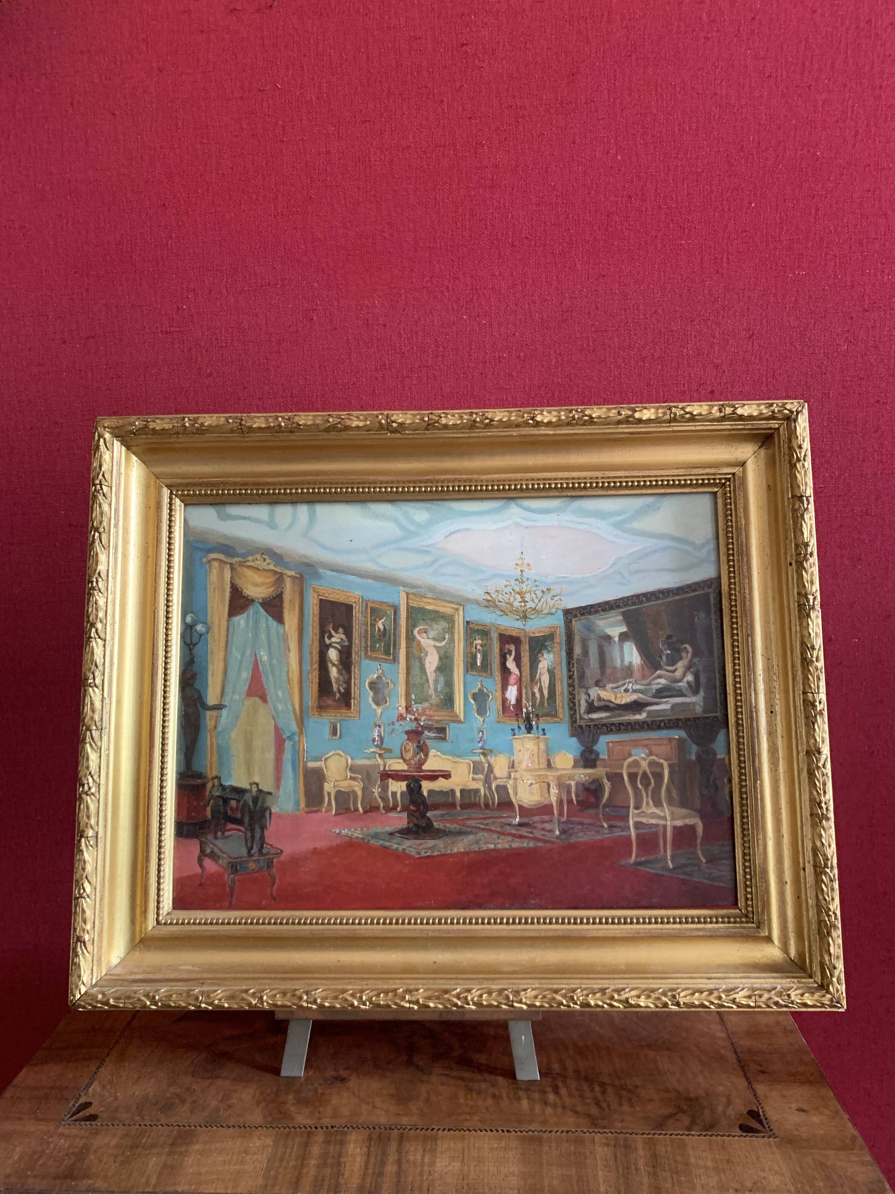 Interior Scene. Oil On Panel 19th Century