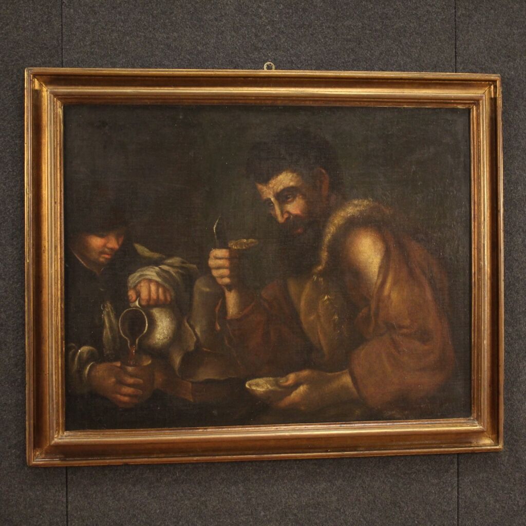 Antique painting from 17th century, interior of a tavern