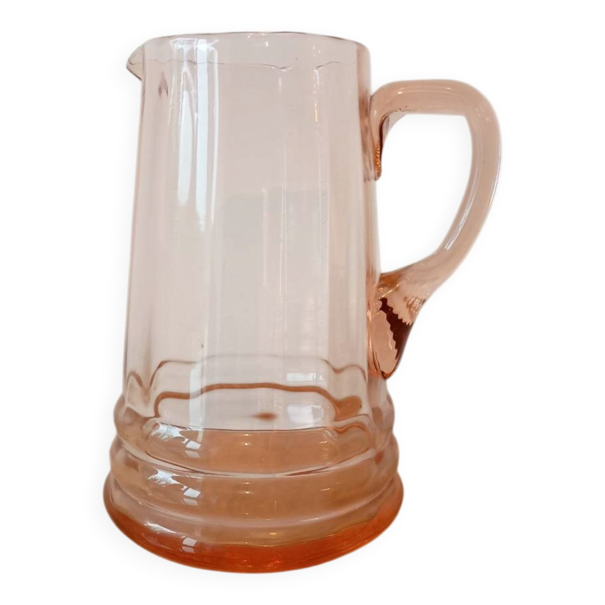Vintage pink glass water carafe from the 1970s.