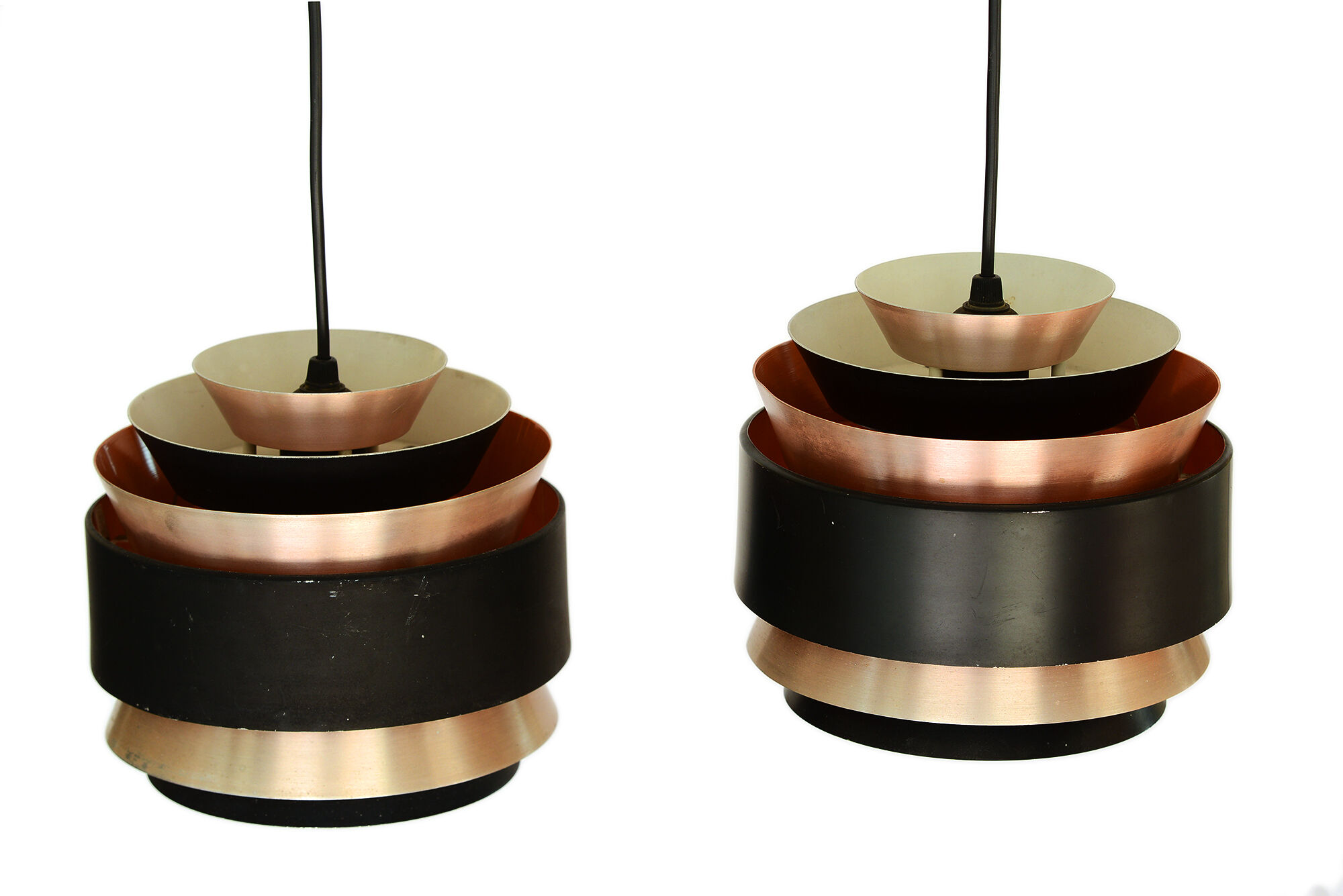 Pair of layered pendant lights in brushed aluminum. Denmark 1960s