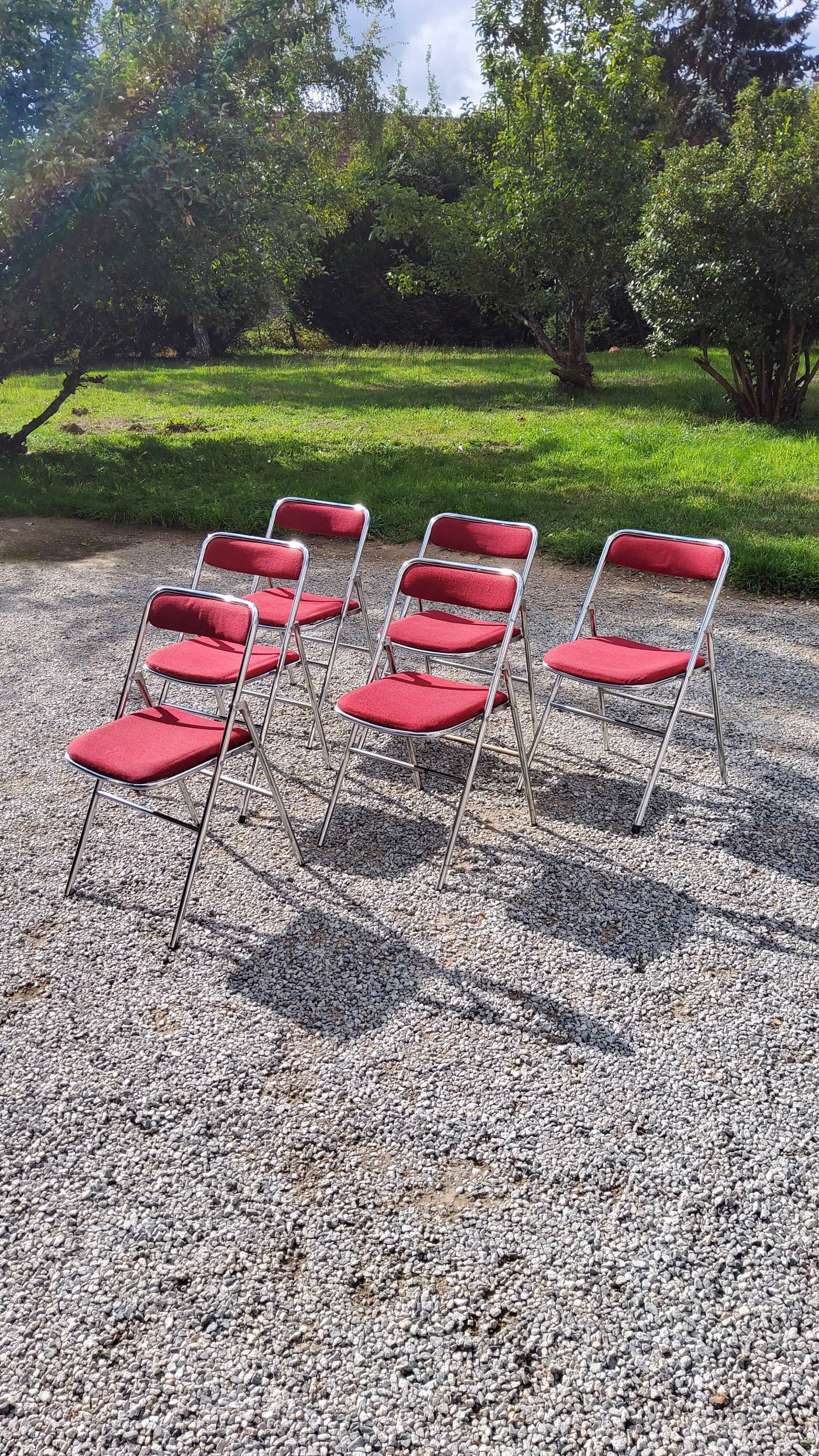 Set of 6 folding chairs from the 70s tweed and chrome metal