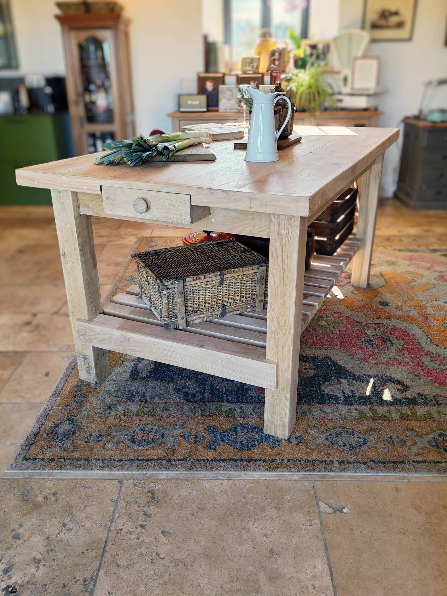 Solid raw oak table/island type "butcher's block" 180x105