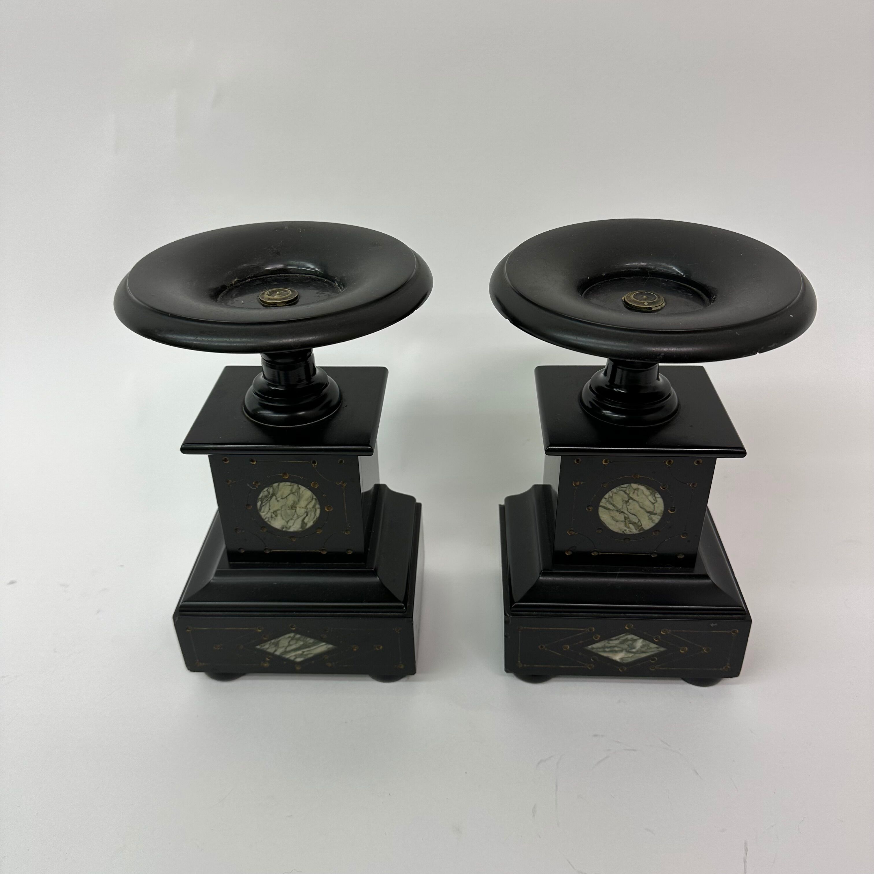 Set of 2 antique black marble candle stands, 1930's Art deco