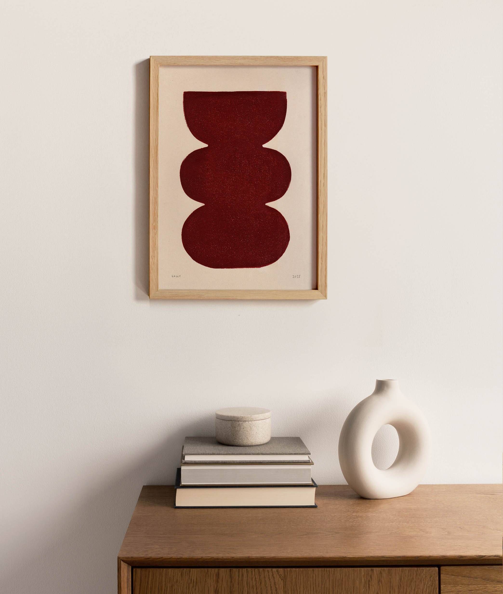 Abstract painting on paper, dark red illustration signed Eawy.