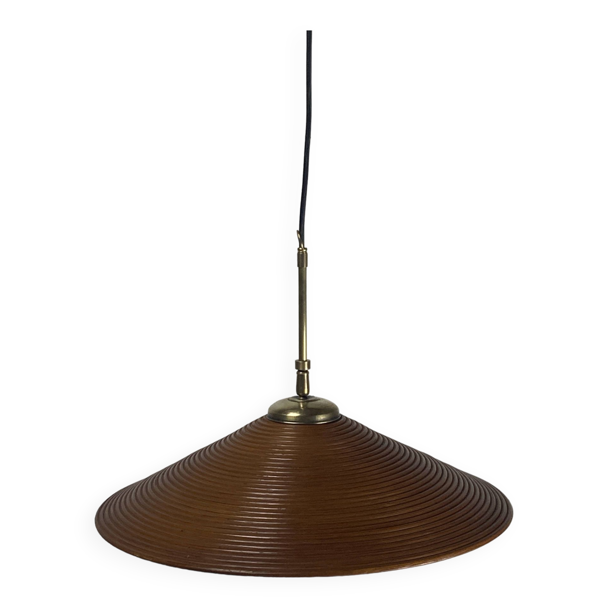 Pencil Split Reed, Rattan, Bamboo & Brass hanging Pendant Lamp, 1970s