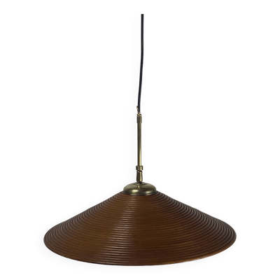 Lampe à Suspension Pencil Split Reed, Rotin, Bambou et Laiton, 1970s