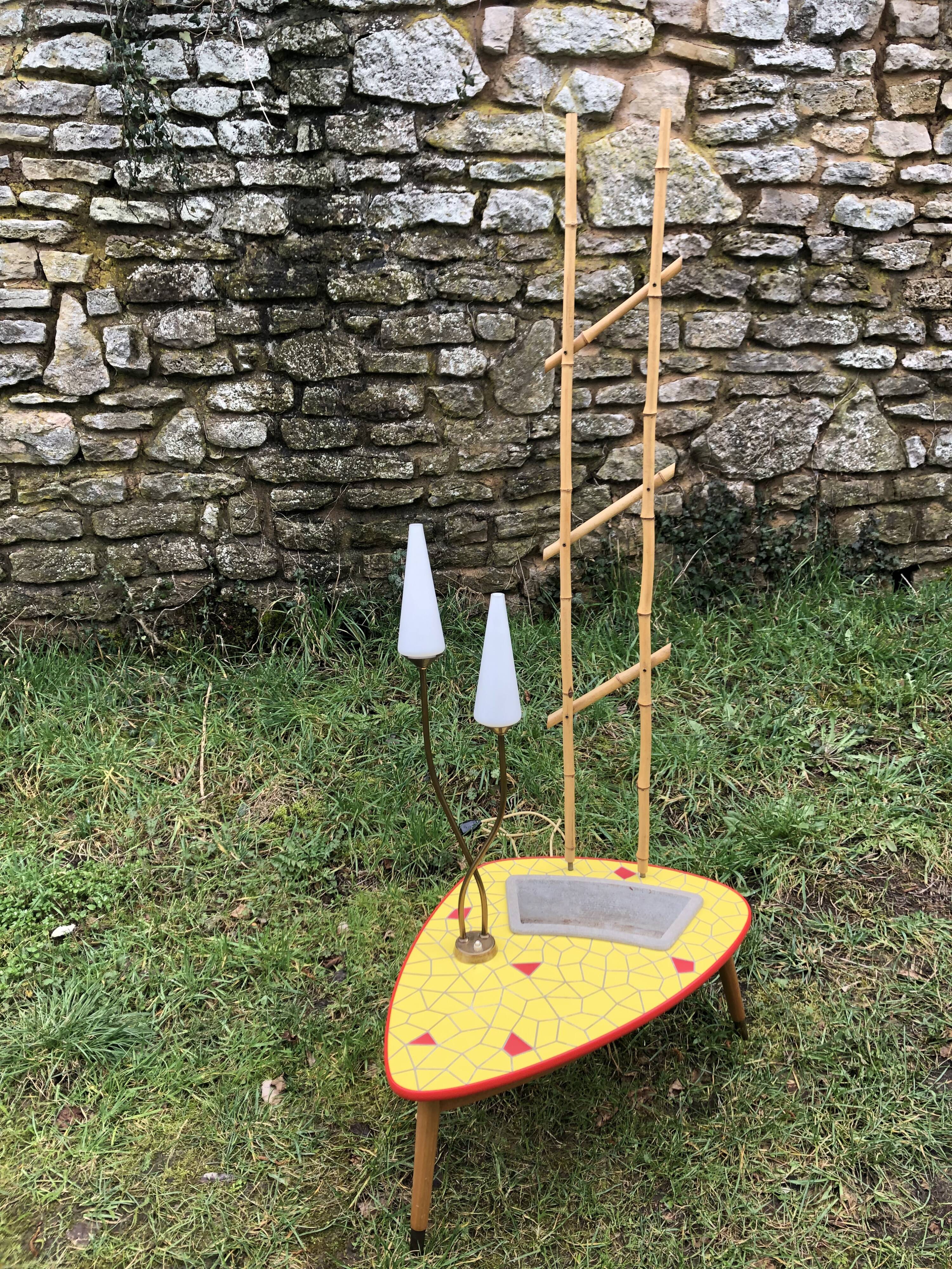 Ceramic mosaic coffee table with planter and light fixture 2 arms 60s