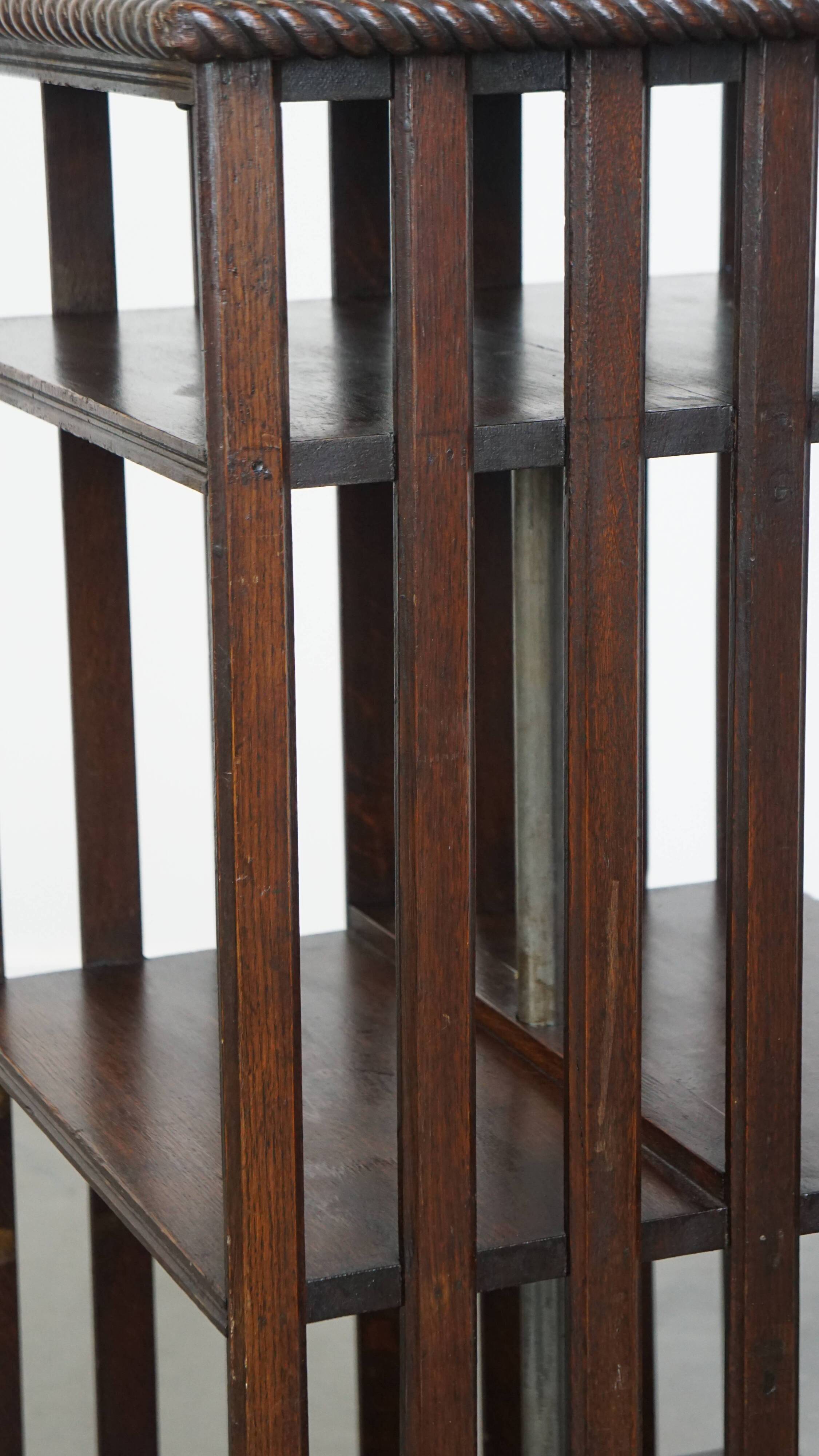 Large Antique English Oak Book Carousel on Original Wheels