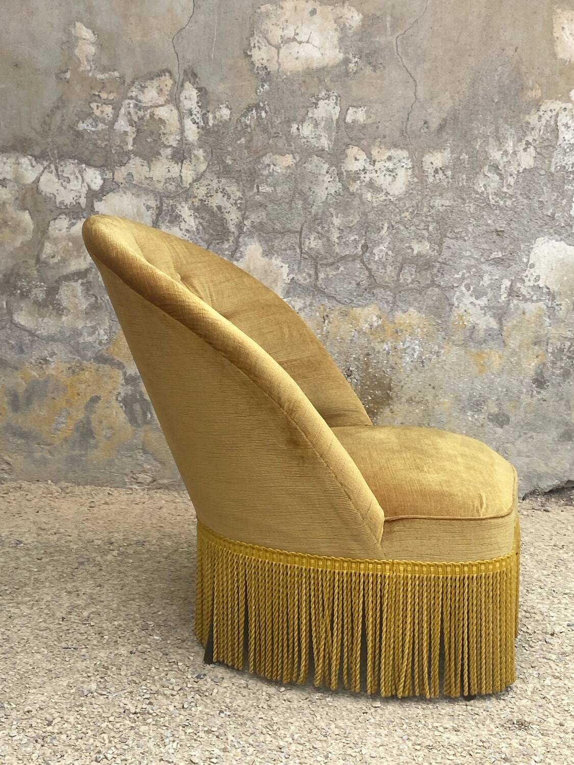 Pair of vintage toad armchairs in golden yellow velvet