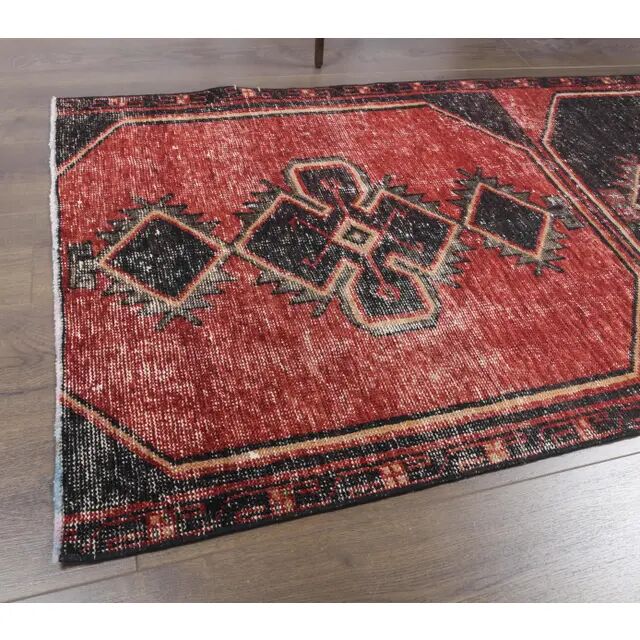 Geometric Turkish hand-knotted red distressed runner 88x321