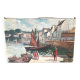 Grande Huile marine ancienne- Voiliers au port.