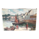 Large old marine oil painting - Sailboats in port.