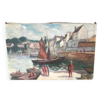 Large old marine oil painting - Sailboats in port.
