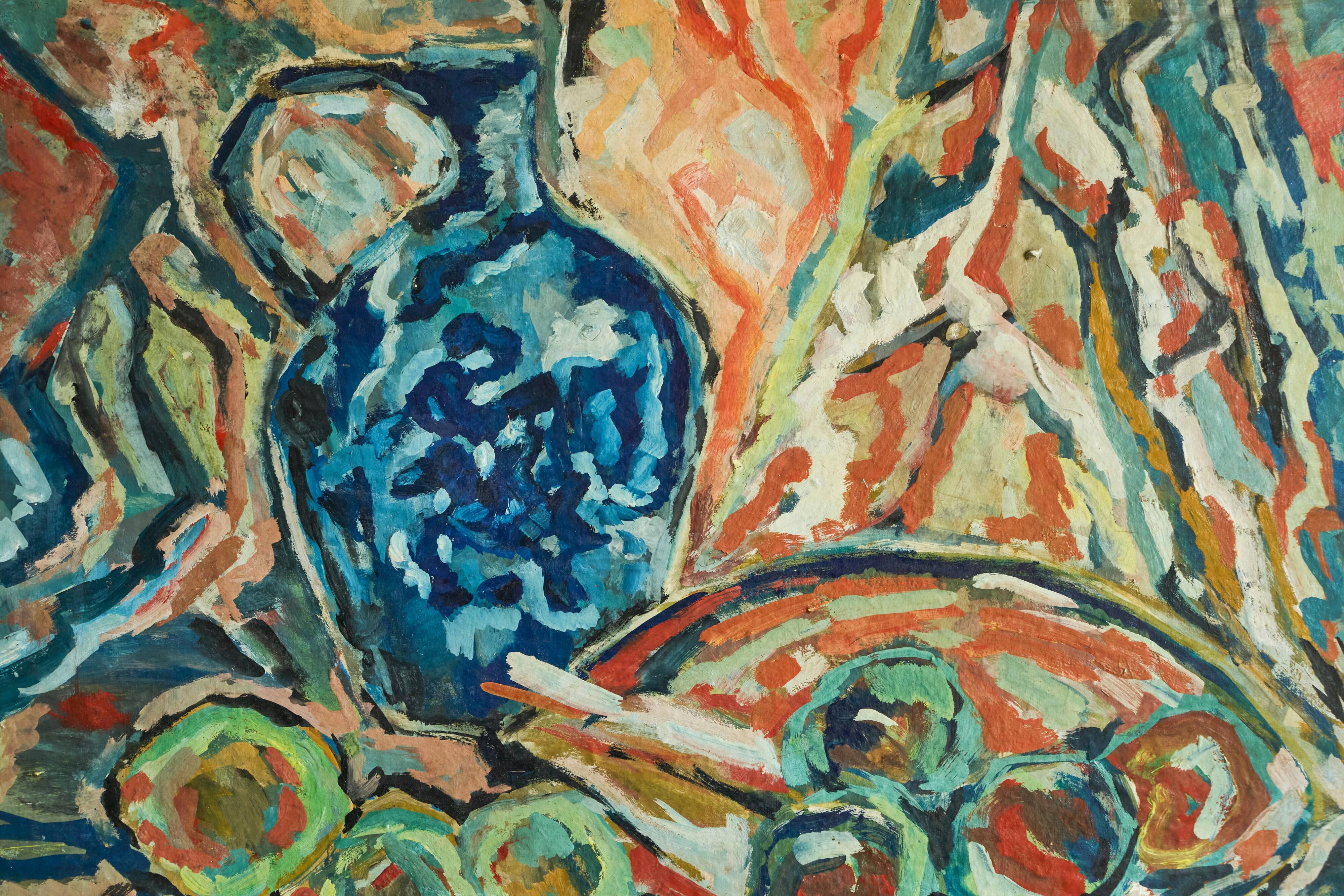 Scène de table moderniste, huile sur carton, années 1960
