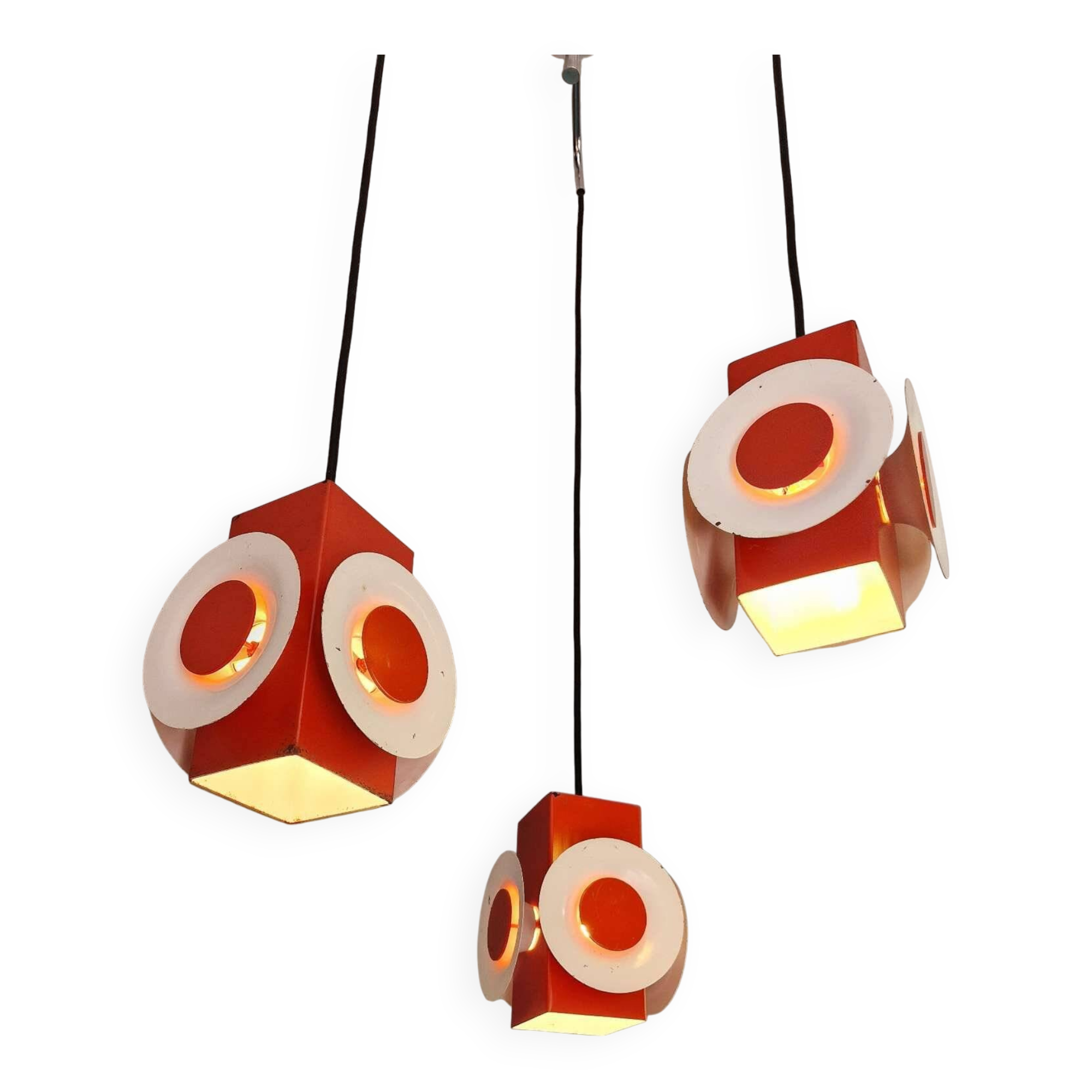 Space Age cascade chandelier in orange and white lacquered metal, RAAK, 1970