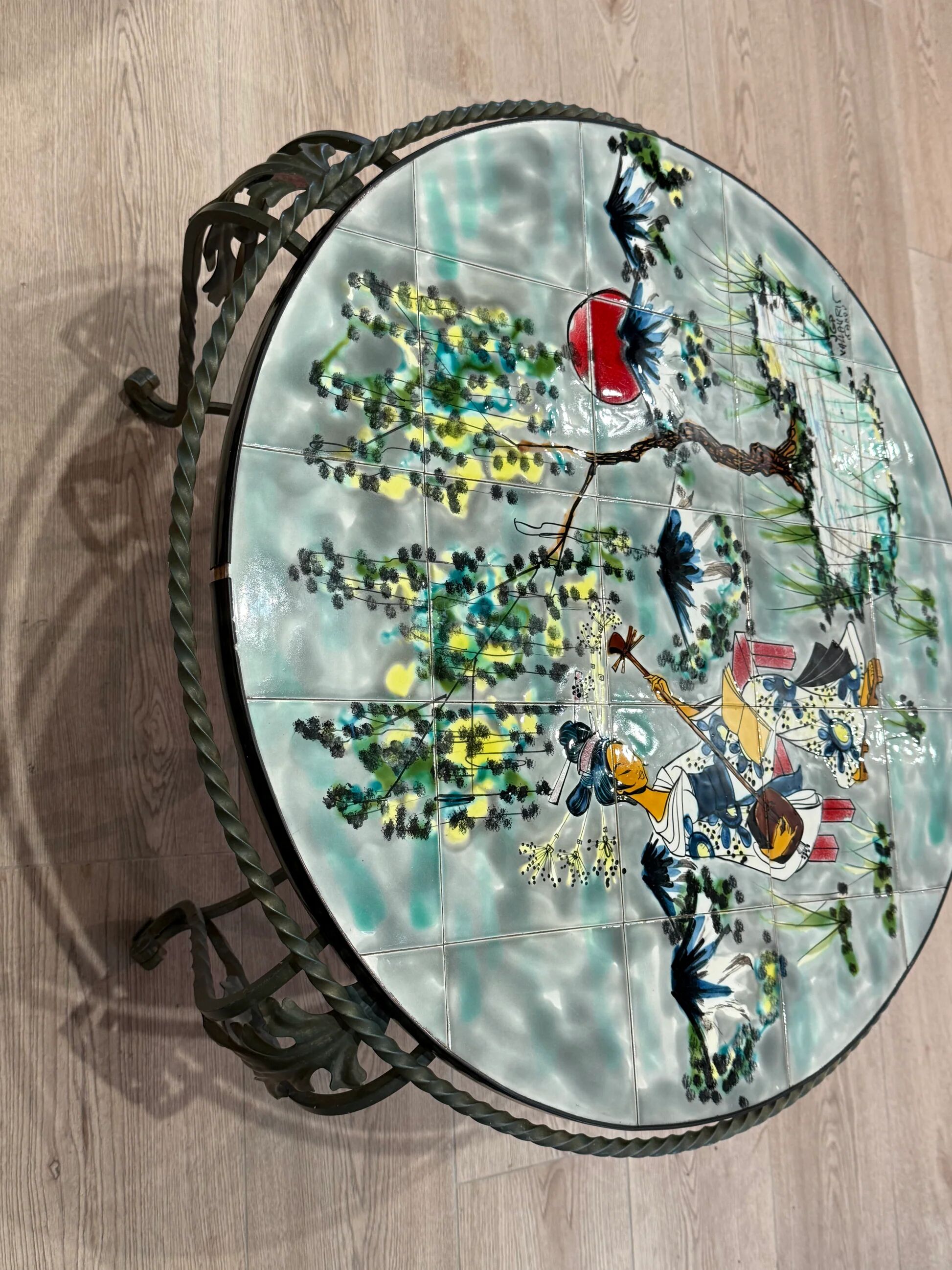 Vintage coffee table J&G Picard Vallauris – Glazed ceramic top with Japonese-style decoration