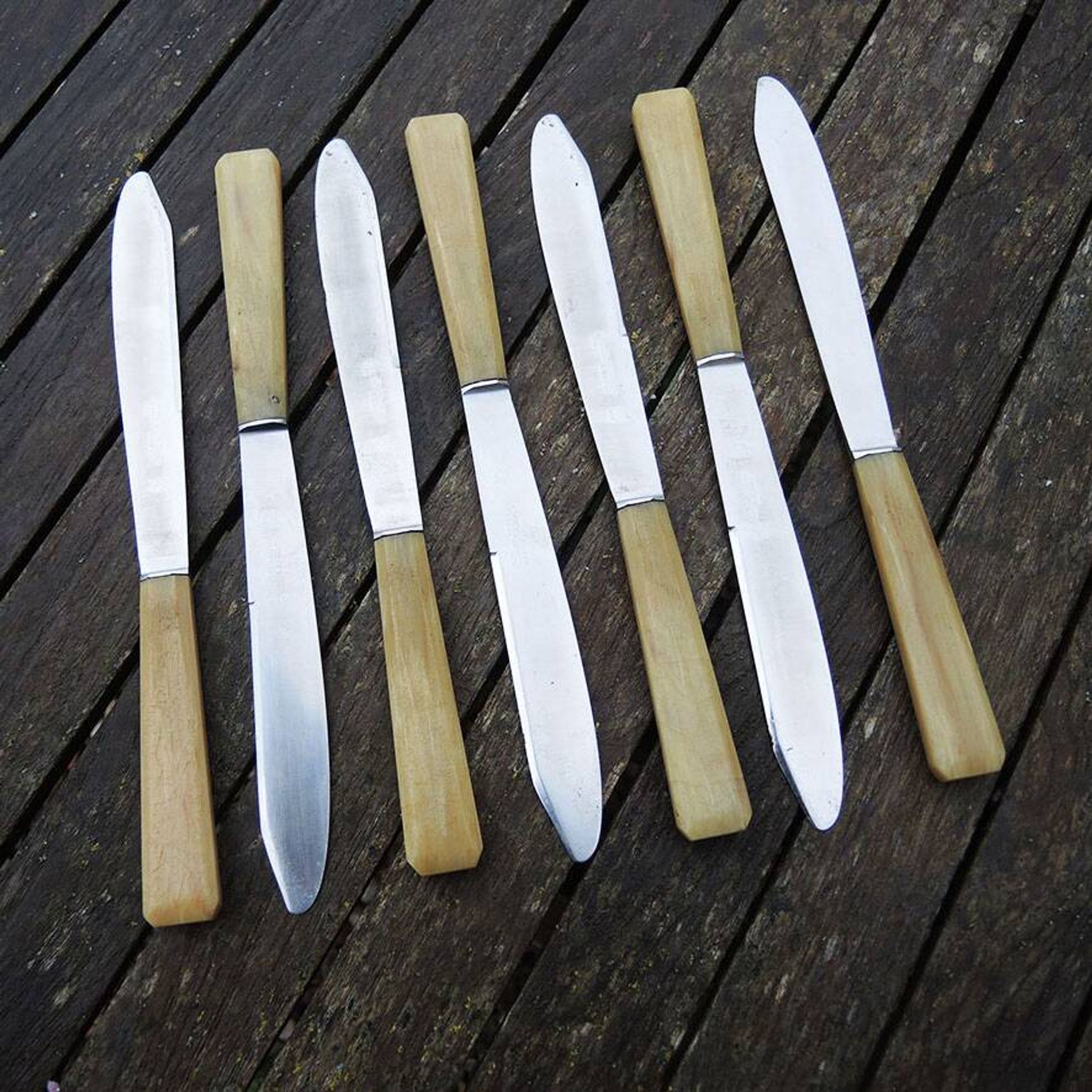 7 old stainless steel and horn knives St Joanis Arbost