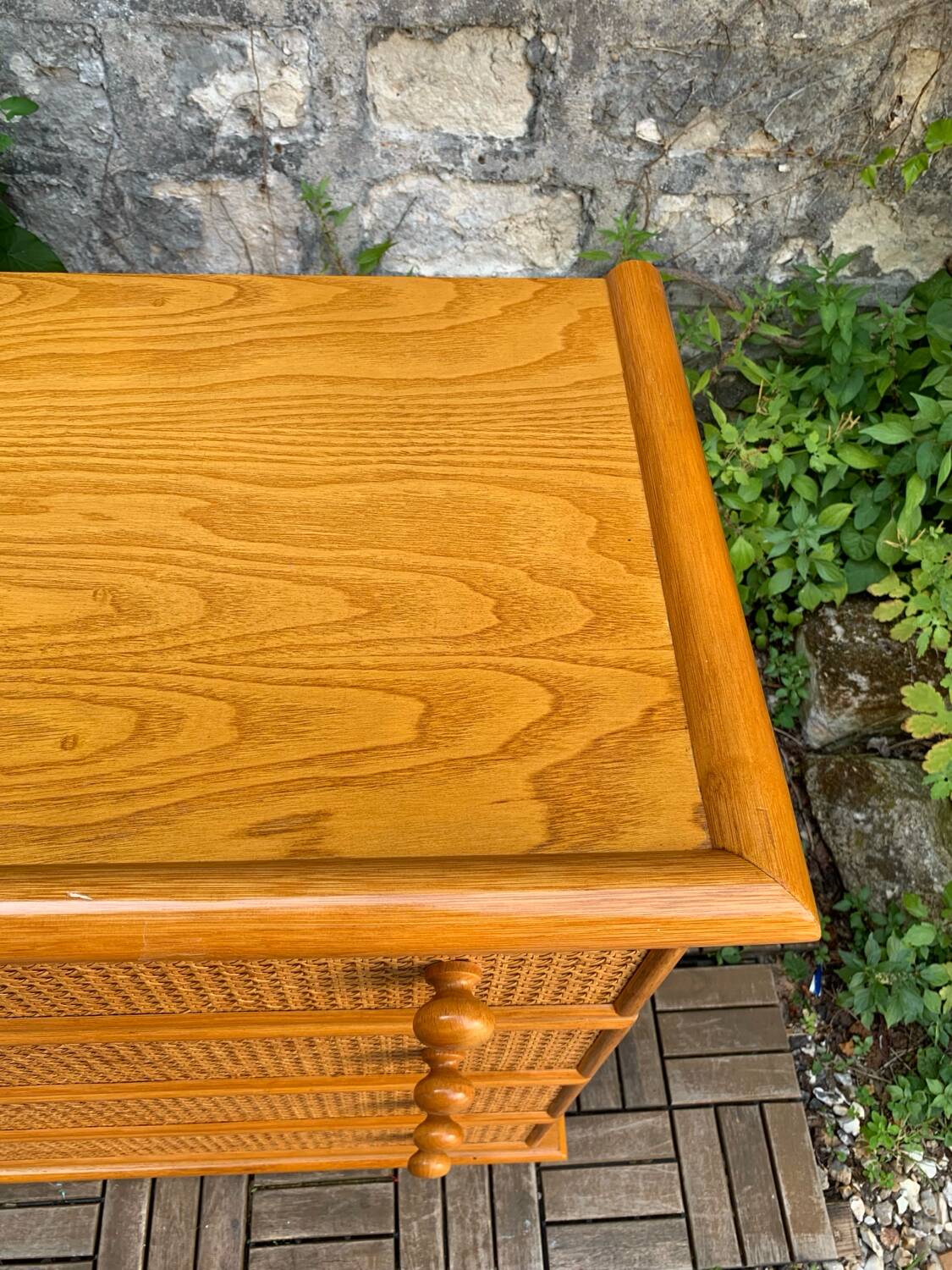 Chest of drawers and bedside table in rattan cane and oak, vintage 1970s