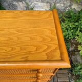 Chest of drawers and bedside table in rattan cane and oak, vintage 1970s