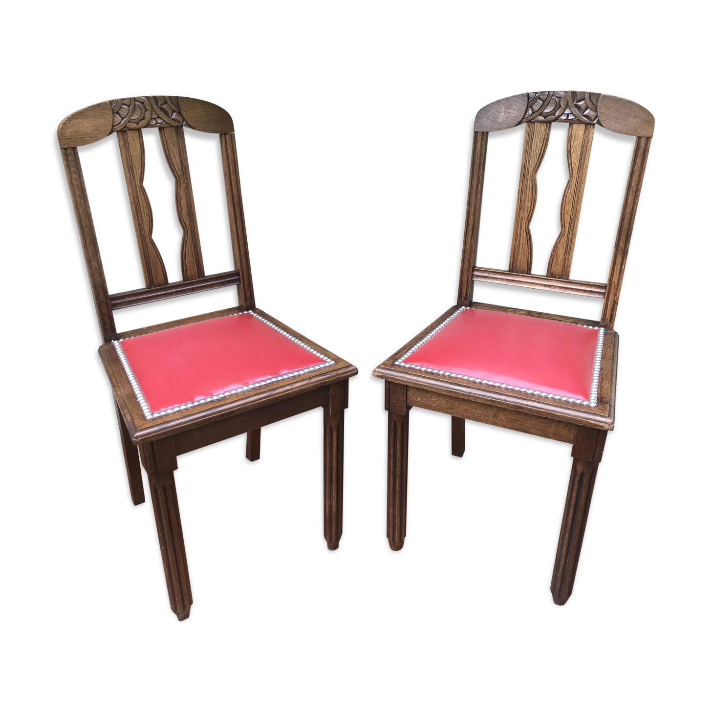 Pair of old chairs art deco in sculpted wood & vintage red leather seat