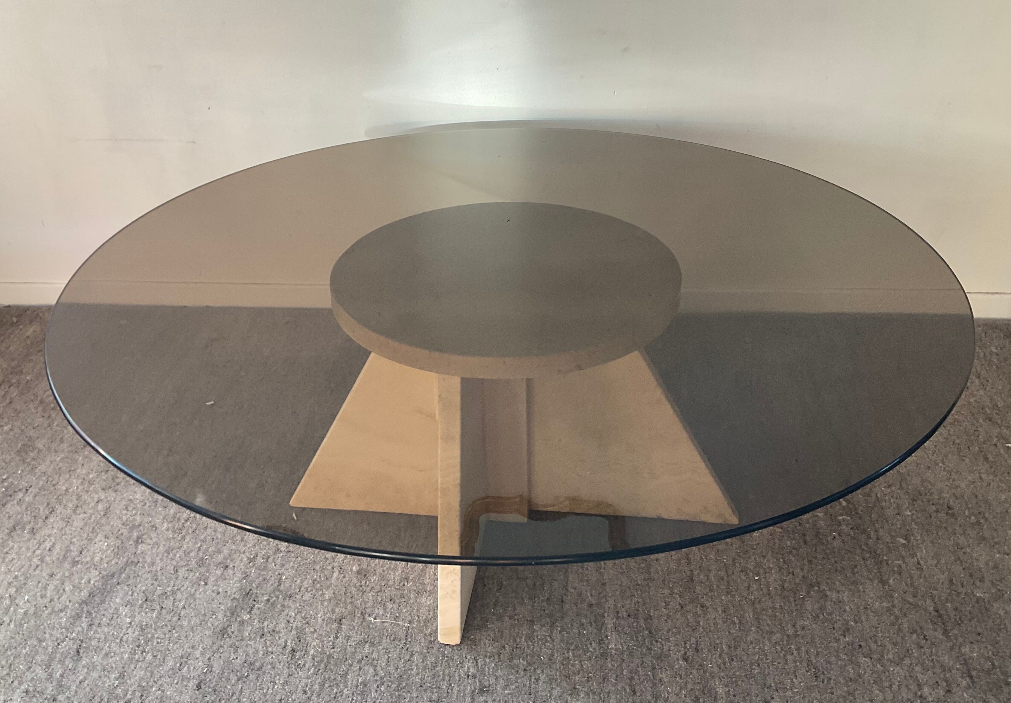 Vintage coffee table in travertine and smoked glass 70s