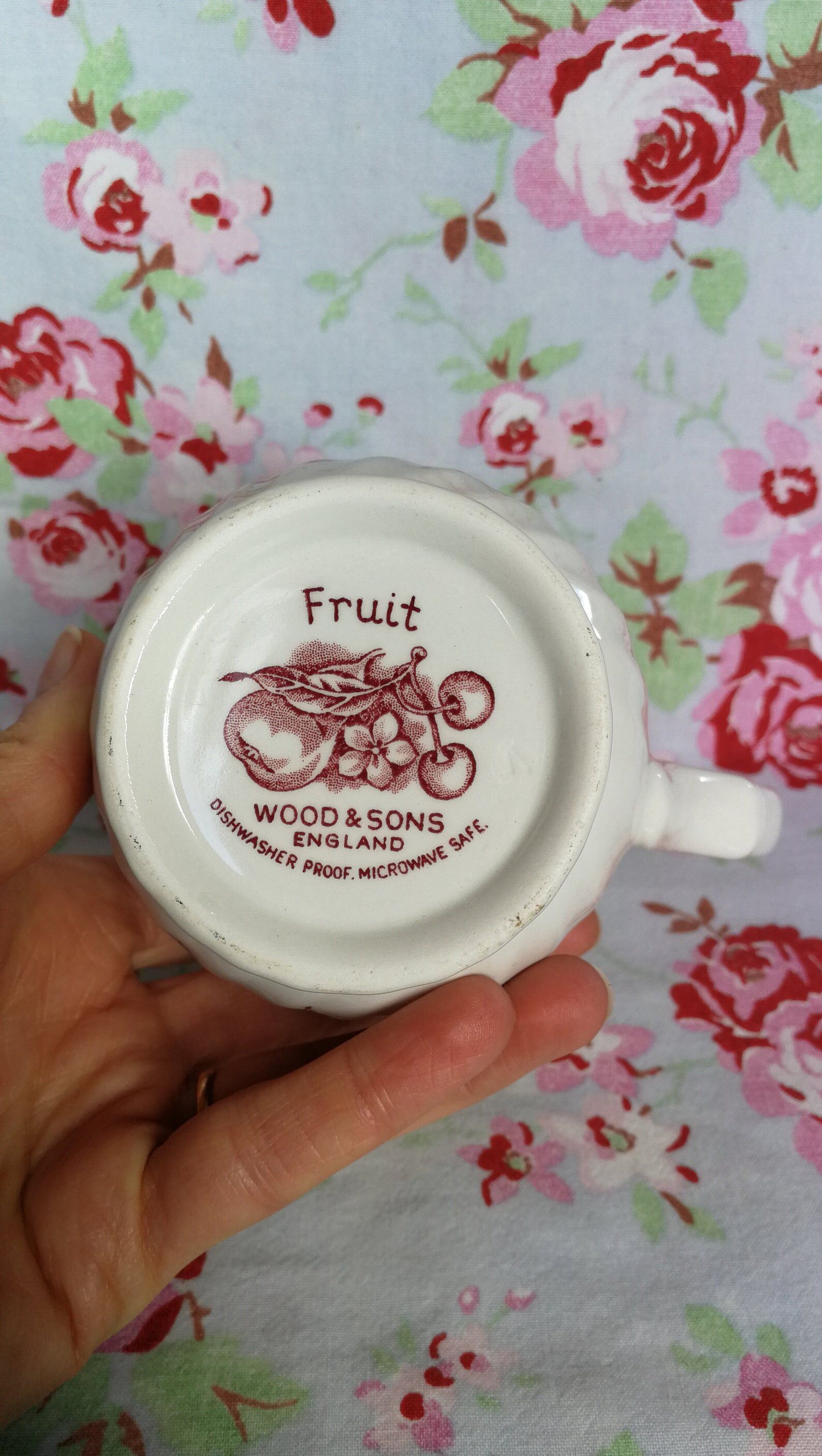 Milk Pitcher Wood & Sounds England, red pear cherry fruit patterns, made in England