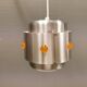 Two Space-Age hanging lamps, in silver-coloured aluminium with orange prisms.