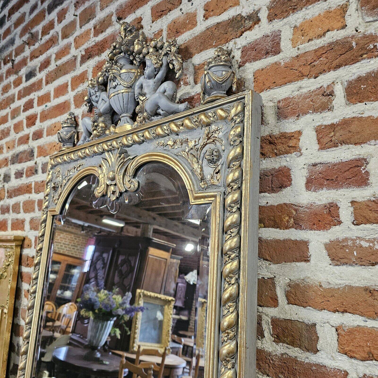 mirror in gray and gold patinated wood with loves