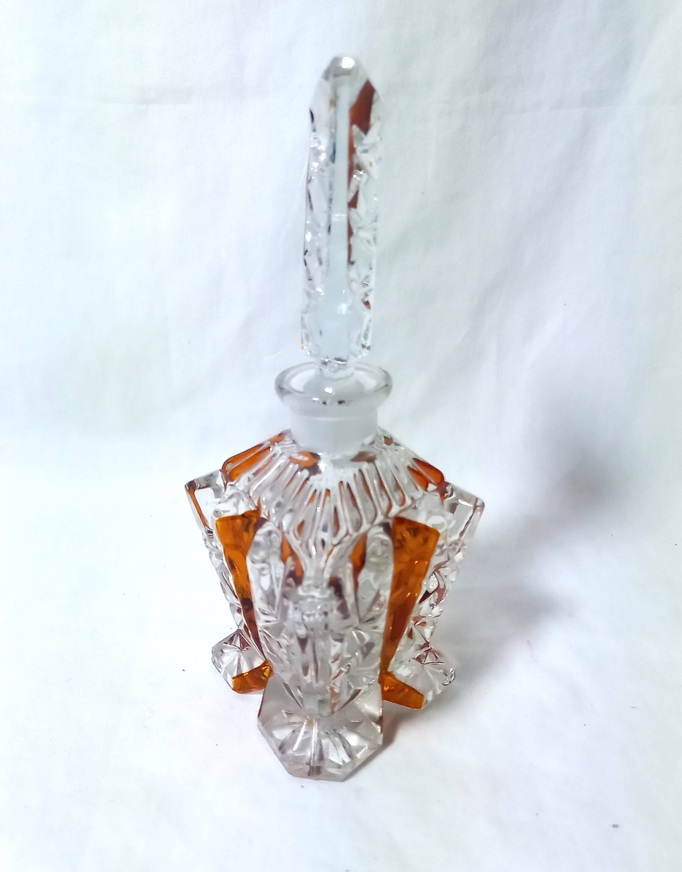Art Deco Perfume Bottle, Pot and Tray in Transparent and Amber Glass