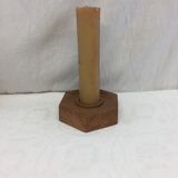 Handmade natural wood candle holder, hexagonal shape and its 3 old beeswax candles.