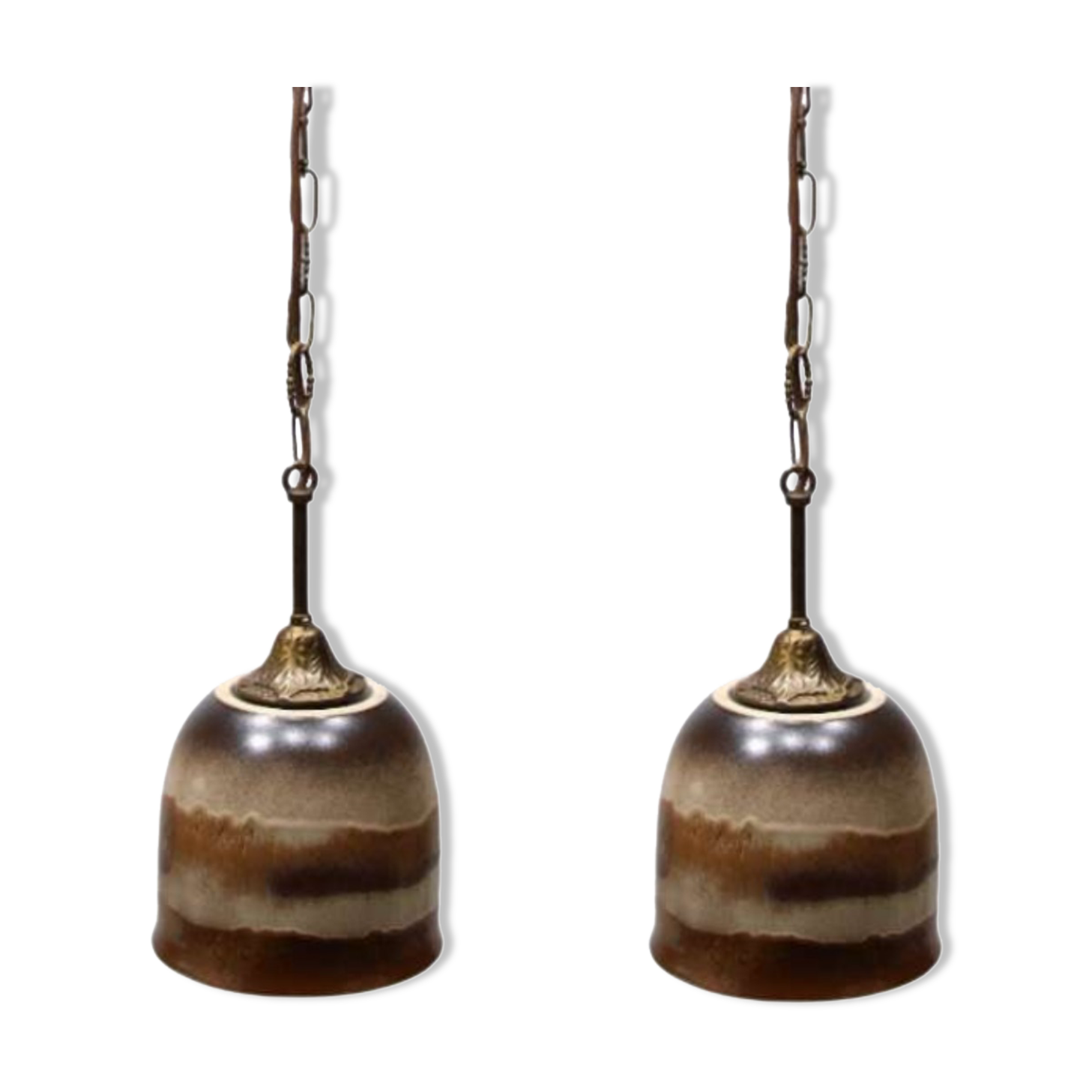 Pair of ceramic glazed and brass pendant lamps, Austria 1970s