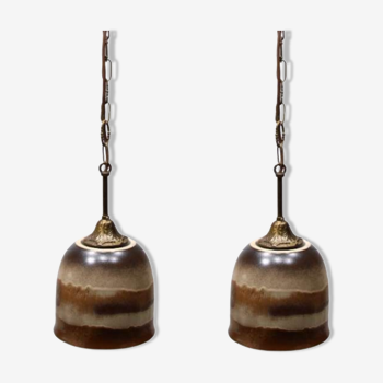 Pair of ceramic glazed and brass pendant lamps, Austria 1970s