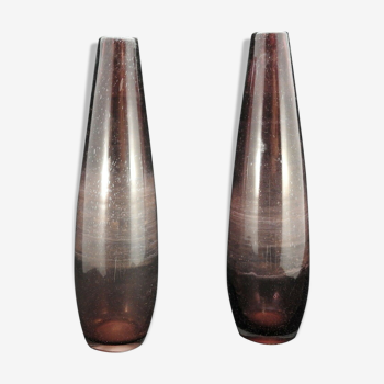 Pair of biot type bubbled colored glass vase