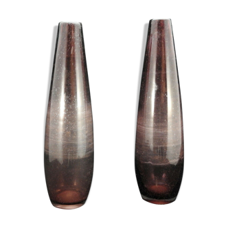 Pair of biot type bubbled colored glass vase