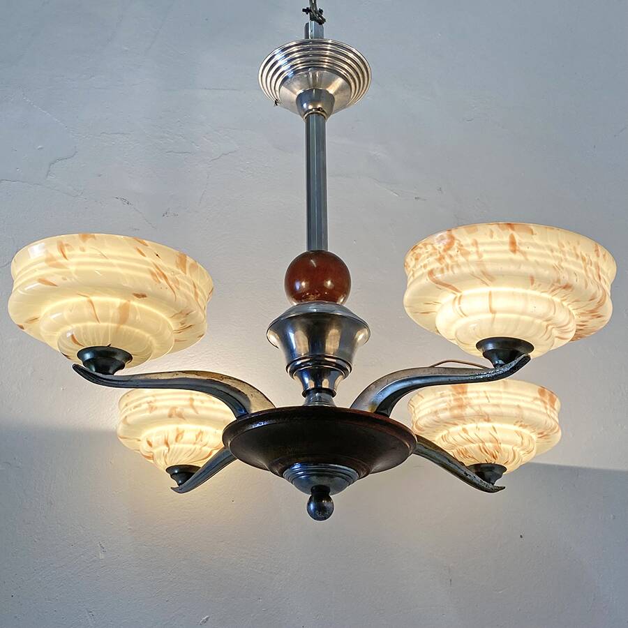 Art Deco chandelier in wood, chrome metal, and glass.