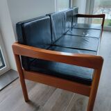 Scandinavian sofa 4 places in leather and cherry wood
