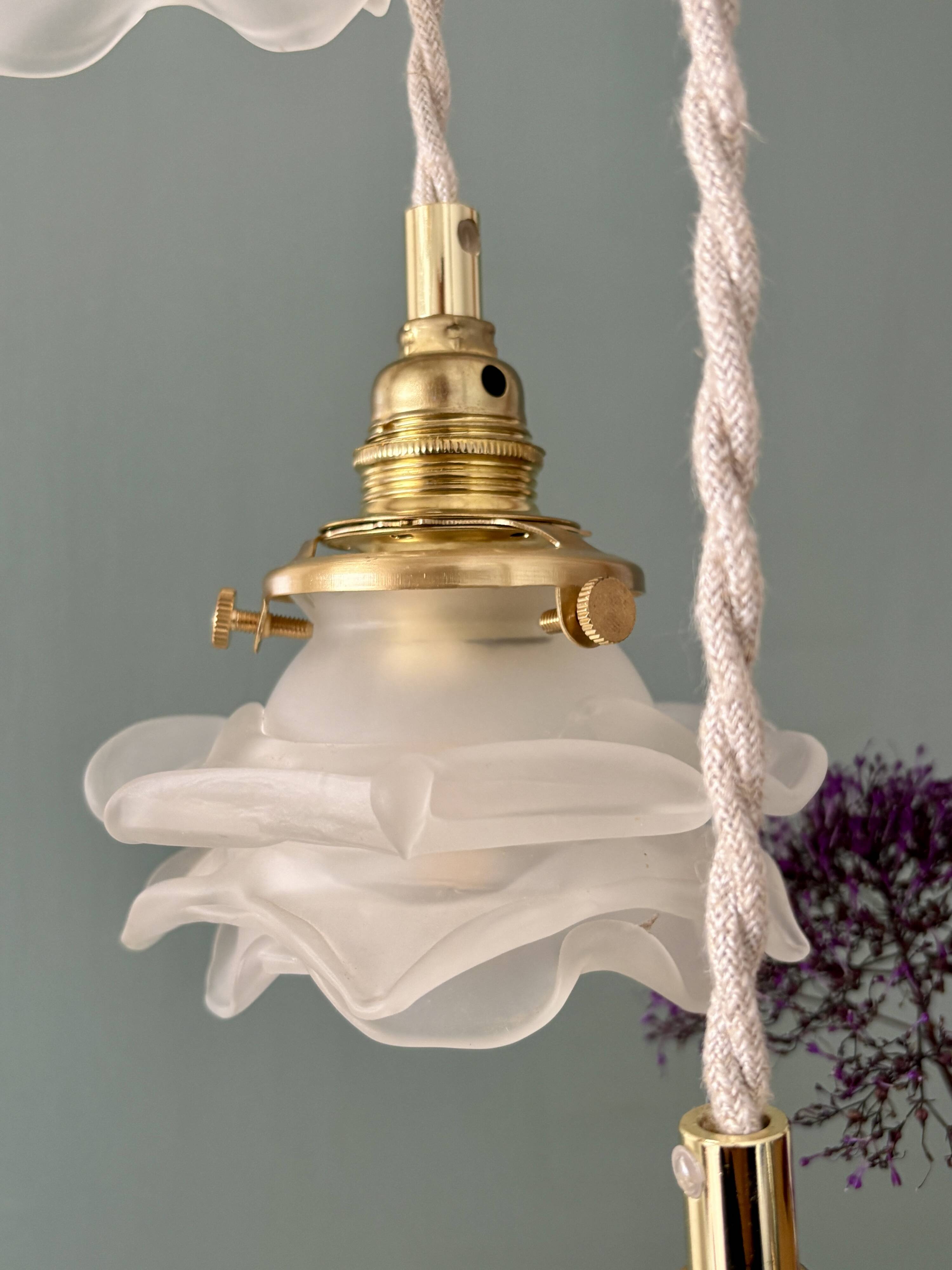 Vintage triple tulip pendant light in frosted glass in the shape of flowers