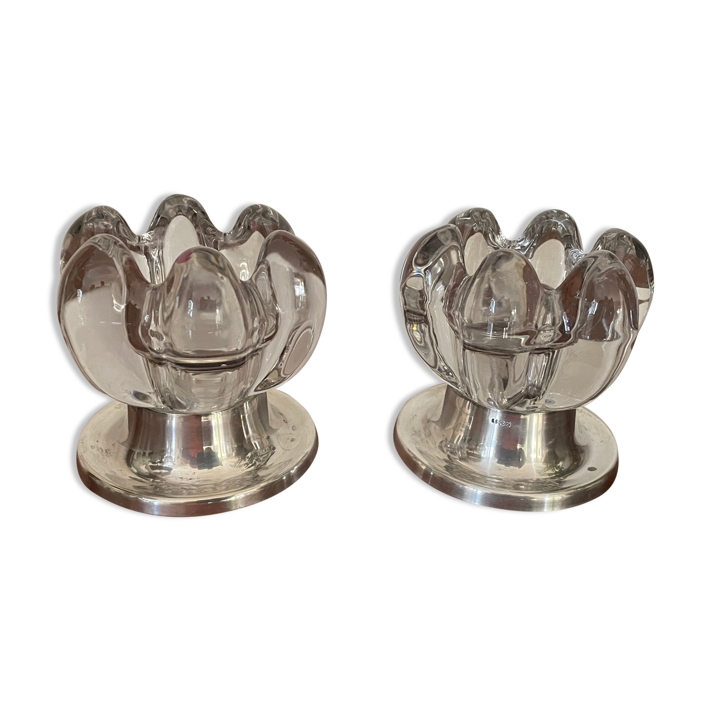Pair of candle holders in crystal and vintage silver metal
