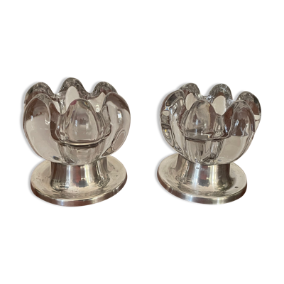 Paire de bougeoirs en cristal et métal argenté vintage