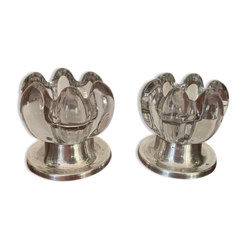 Pair of candle holders in crystal and vintage silver metal