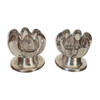 Pair of candle holders in crystal and vintage silver metal