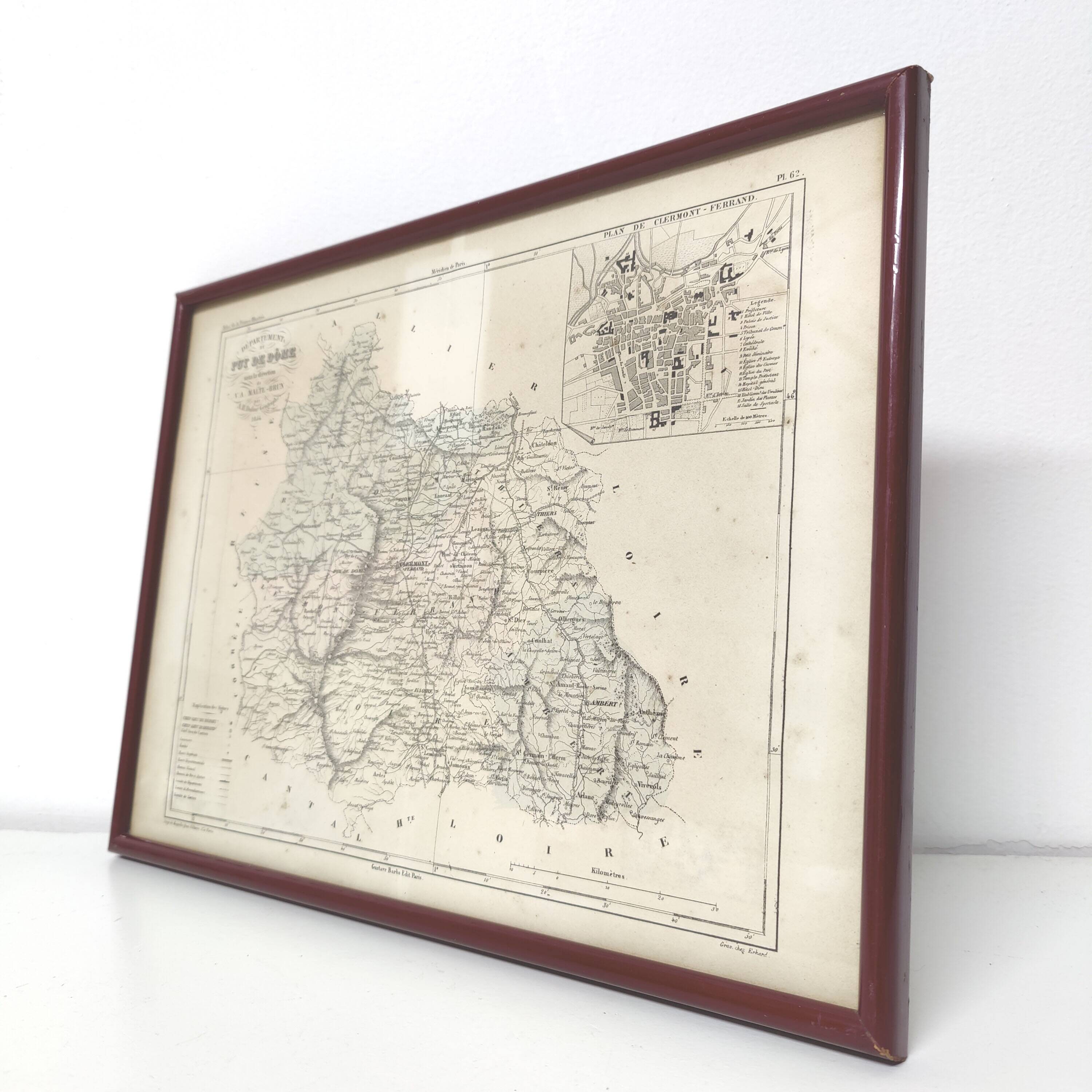 Auvergne Puy engraving map of dome wooden frame old plan of Clermont Ferrand