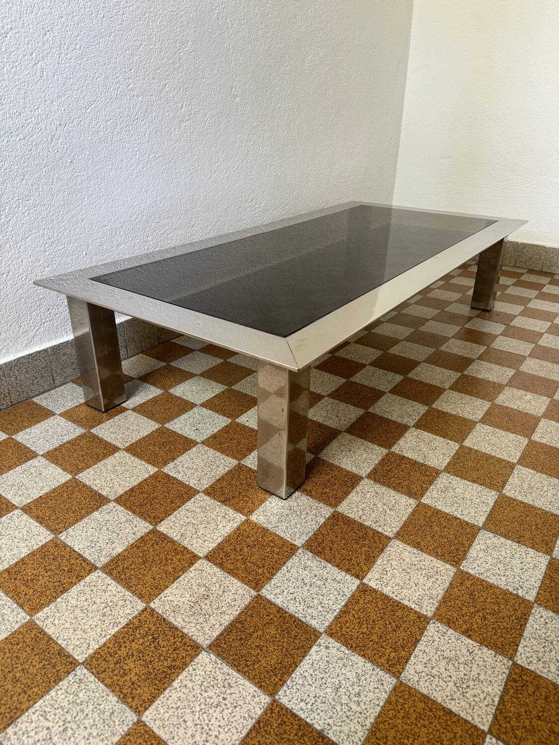 Rectangular coffee table in chrome steel and smoked glass from the 70s