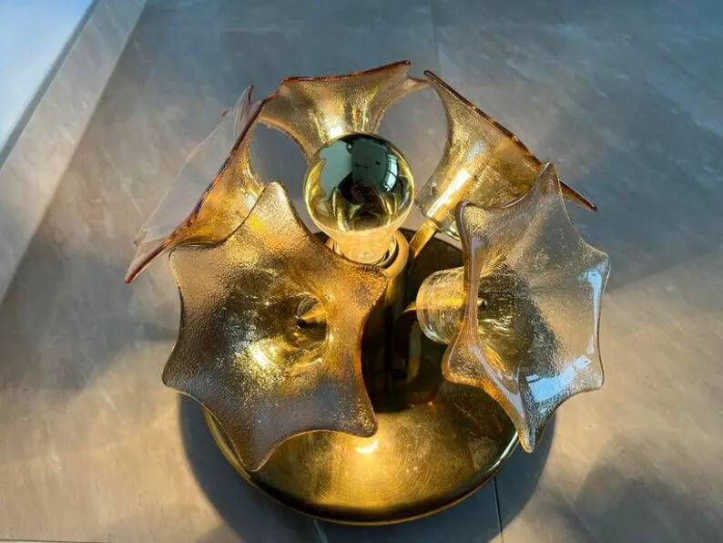MidCentury Sputnik Flower Ceiling Flush Mount, Amber Murano Glass, Sische, 1960s